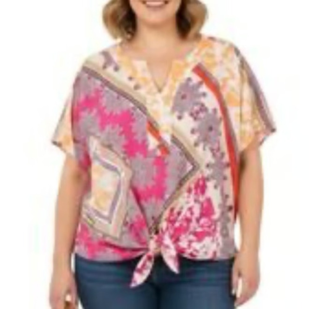 Chico's Blouse Top Womens 3 (16/18) Paisley Tie Top Dolman Sleeve Pink Orange
